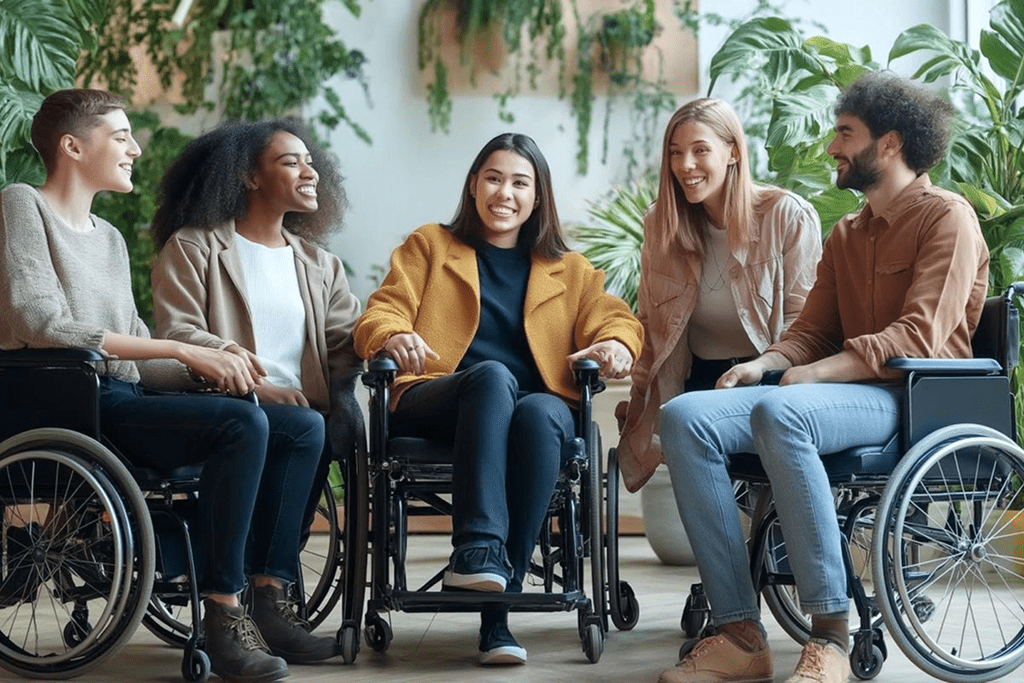 Group of friends smiling, sitting, and talking.