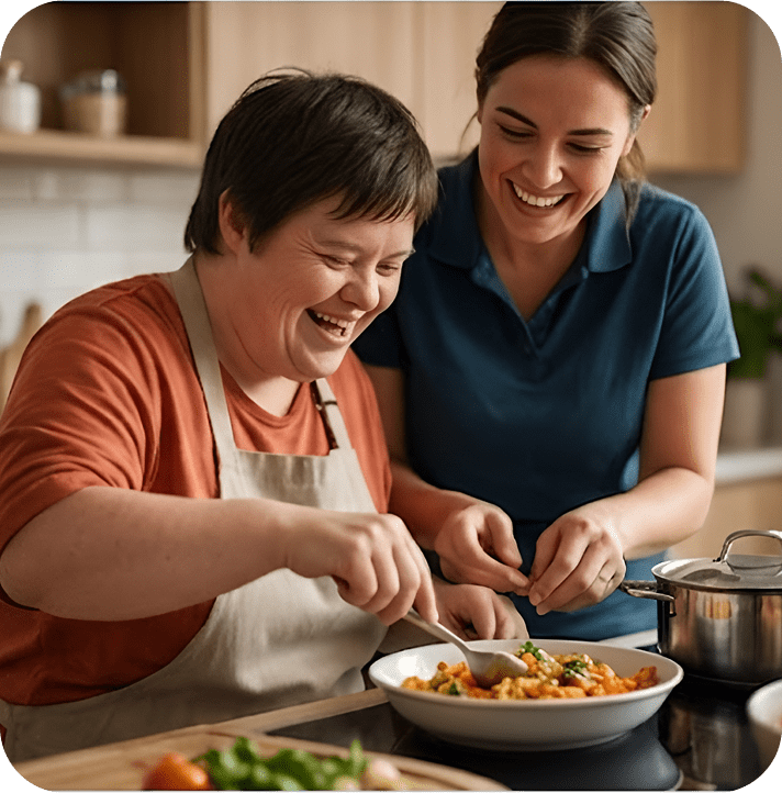 Two people happily cooking together in kitchen.